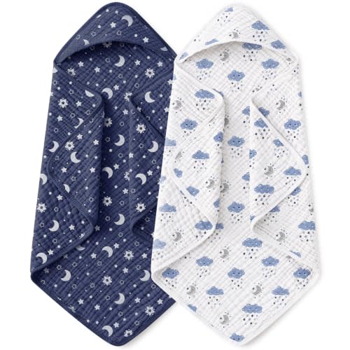Yoofoss Hooded Baby Towels for Newborn 2 Pack 100% Muslin Organic Cotton Baby Bath Towel with Hood for Babies, Infant, Toddler and Kids, 32x32Inch, Soft and Absorbent Newborn Essential, Blue Clouds