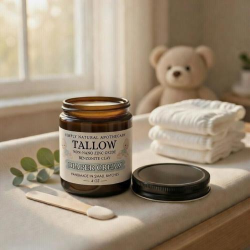 Tallow Diaper Cream, Organic Tush Moisturizer, Delicate Baby Bums, Non-Nano Zinc Oxide, Bentonite Clay, Grass-Fed Beef Tallow - 4oz Jar