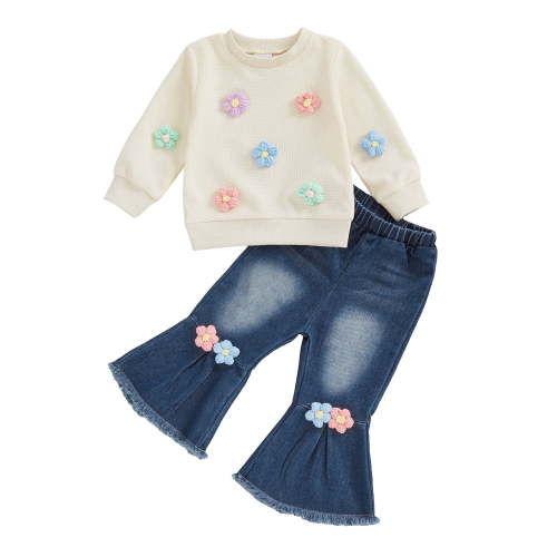 Loicainy Toddler Baby Girl Spring Fall Outfits 6 12 18 24 Months 2T 3T 4T Decorative Flowers Crew Neck Long Sleeve Sweatshirt and Flared Jeans 2 Pcs Kids Clothes Set