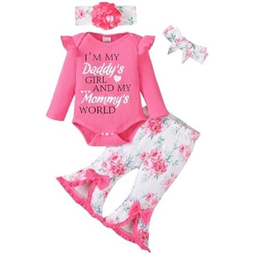 SUNNY PIGGY Newborn Baby Girl Clothes Infant Outfits Romper Floral Fall Outfit Bell Bottoms Pant Sets Hat Headband Flowerpant