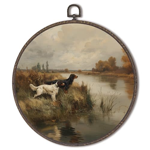 XNXLDYLH Vintage Hunting Dog Round Framed Wall Art Decor, Rustic Antique Cottage Core Cabin Hanging Home Wall Decor Decorations, Retro Fall Country Landscape Canvas Prints Wall Art Paintings, 10x10 In