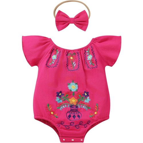 Baby Girls Mexican Romper Fiesta Floral Embroidered Flutter Sleeve Bodysuit Traditional Cinco de Mayo Clothing and Headband