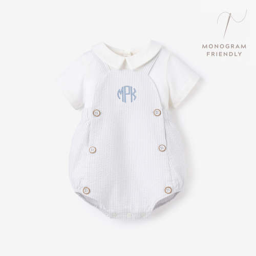 Blue Seersucker Overall Bubble + Collared Shirt BLUE / 3-6M