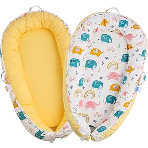 Baby Lounger - Baby Lounger for Newborn, 0-24 Months, Reversible Adjustable Newborn Lounger Baby Nest for Home and Travel, 100% Organic Cotton Washable Infant Lounger Cover, Baby Essential (Yellow)