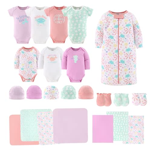 The Peanutshell Baby Layette Gift Set for Girls - 23 Piece New Born Girl Gift Set, Baby Clothes & Newborn Essentials Must Haves - Newborn Clothes 0-3 Months - Ocean Flower