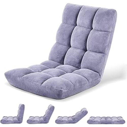 Folding Floor Chair with Back Support for Adults, Adjustable Japanese Meditation; Portable Gaming Chair Recliner Seat with Comfy Cushion, for Teens, Light Grey