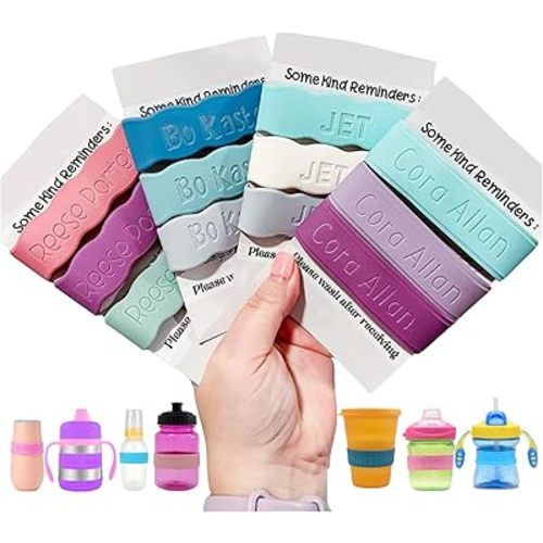 Personalized Baby Bottle Labels for Daycare School Summer Camp Customized Children's Water Bottle Name Bands Custom Engraved Reusable Silicone Cup Bands Labels Waterproof 3 Piece Combo Pack