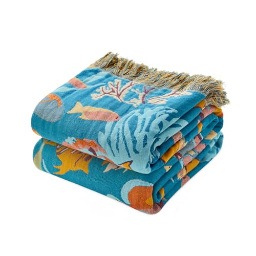 LUTBM Throw Blanket for Couch Sofa 100% Cotton Blankets for Bedroom Living Room Soft All Season Reversible Underwater Ocean Life Embroidery Throws Coastal Home Decor 50"x60"