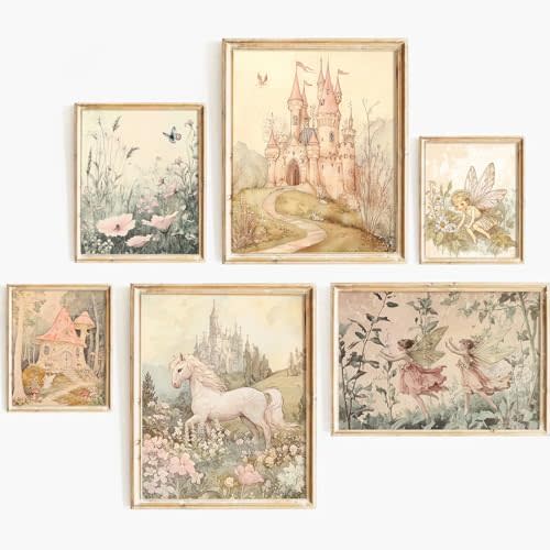Vintage Fairy Nursery Wall Art Baby Girl Room Canvas Wall Decor Magic Forest Poster Fantasy Fairytale Prints Nursery Artwork Antique Magical Picture Flower Painting for Bedroom 8x10x6 Inch Unframed