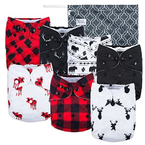 Buffalo Plaid Baby Cloth Pocket Diapers 7 Pack, 7 Bamboo Inserts, 1 Wet Bag by Nora's Nursery - 7 Count (Pack of 1)