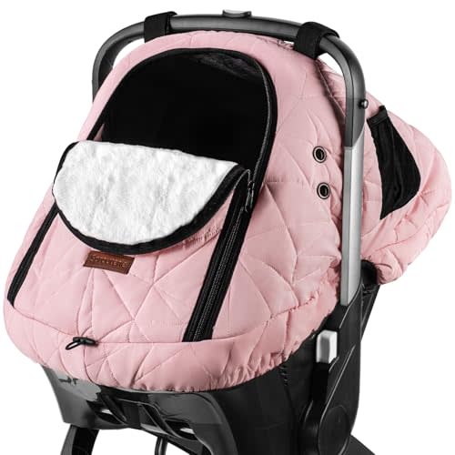 Car Seat Cover Baby Winter: Sprouterie Carseat Canopy for Babies Infant Cold Weather Shield with Zipper Peeping Window Warm and Cozy Waterproof Universal Fitted Pink for Girl Newborn