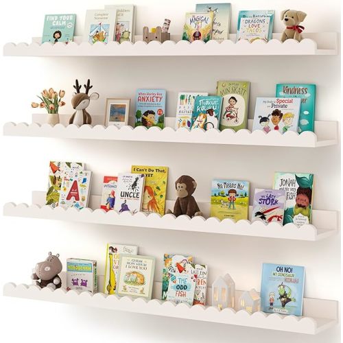 Shario Nursery Book Shelves, 4-Pack White Floating Shelves for Wall Kids, Scalloped Shelves, Wall Book Shelves for Bedroom Kids, Toddler Room, Baby Room, Nursery Decor (White, 36 Inches)