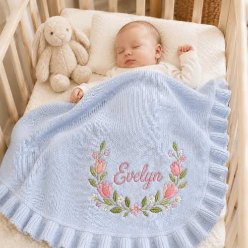 Tulip Baby Name Blanket, Personalized Blue Knit Blanket, Floral Wreath Embroidered Nursery Gift for Newborn Baby Girl