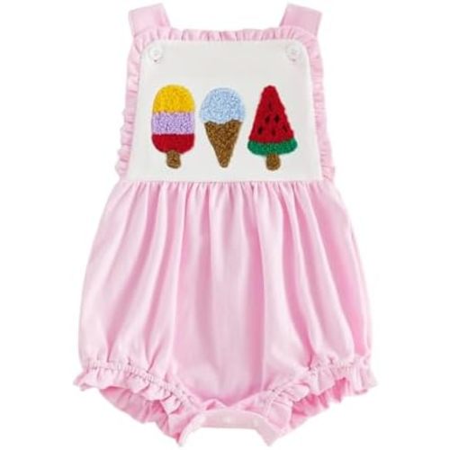 Newborn Baby Girl Bubble Romper Ice Cream Embroidery Sleeveless Stap Overalls Bodysuit Infant Beach Summer Outfit