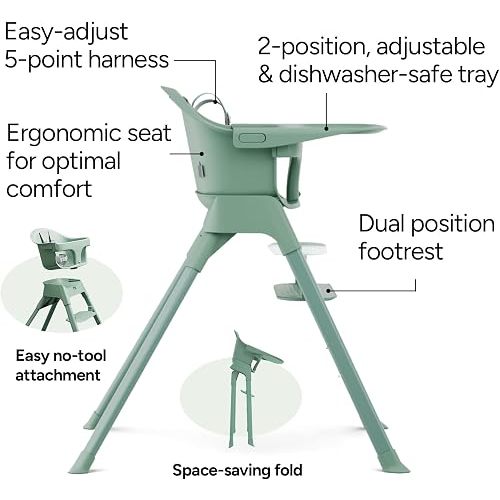 Mompush Olli 7-in-1 Convertible High Chair for Babies and Toddlers – Adjustable Height & Footrest, Dishwasher-Safe Tray, Compact Foldable Design for Easy Storage & Travel, Lightweight Yet Durable