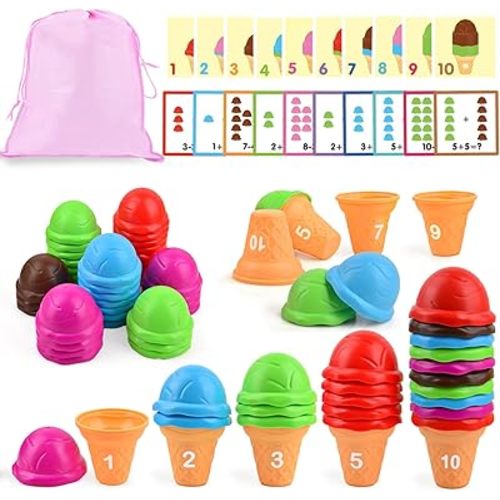 Ice Cream Counting and Color Sorting Stacking Toys for Kids Boys Girls Age 3-5,Montessori Preschool Kindergarten Learning Activities Fine Motor Skill Toys, Number Math Games Learning Toy Gifts