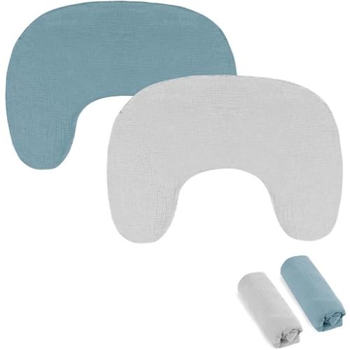 Hooyax Muslin New Nursing Pillow Covers 2 Pack, Soft and Breathable Nursing Covers for New-Designed Breastfeeding Pillows, Adorable Infant Feeding Pillow Slipcover for Baby Boy and Girls (Blue Grey)