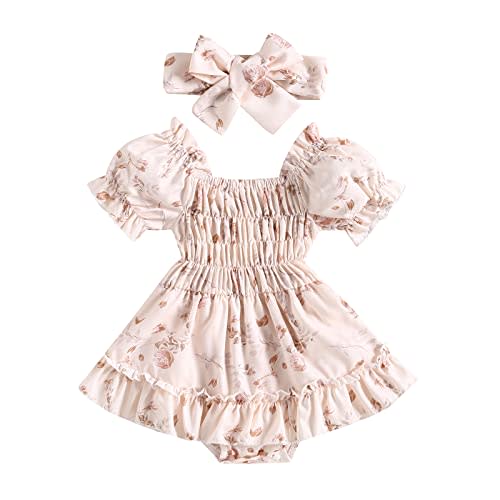 Infant Baby Girls Romper Dress 3 6 9 12 18 Months Onesie Short Sleeve Ruched Jumpsuits Skirts Hem Bodysuits Headband