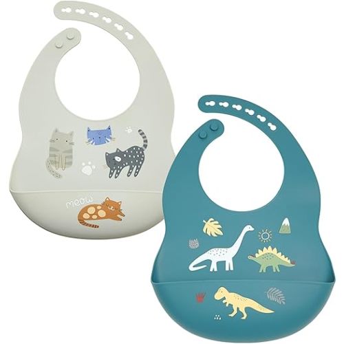 Baby Silicone Bibs 2 Sets Baby Bibs with Food Catcher for Girls Boys Toddlers BPA Free Waterproof Soft Durable