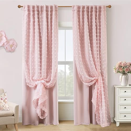 Light Blush Pink Blackout Curtains for Bedroom Nursery Girl 2 Panels,Shabby Chic Floral Pattern Sheer Double Layer Black Out Boho Vintage Victorian Curtains 84 Inch Long Preppy Room Decor Teen Girls