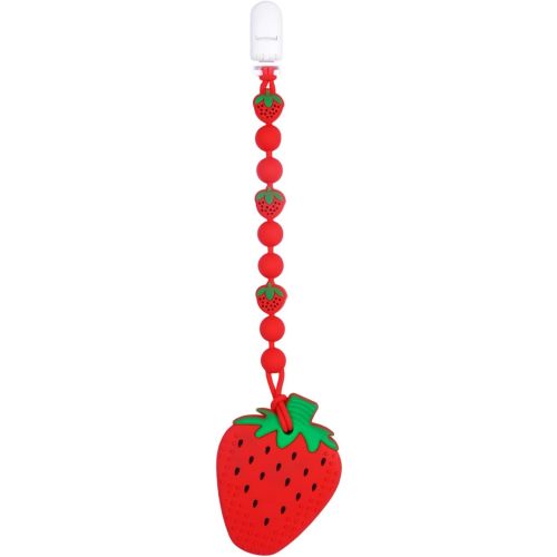 Cute Animal Baby Food Grade Silicone Teether Toy with One Piece Design Pacifier Clip Holder,Teething Pain Relief Toys Gift Set for 3 Months+ Boys and Girls,Freezer Safe,BPA Free (Strawberry)