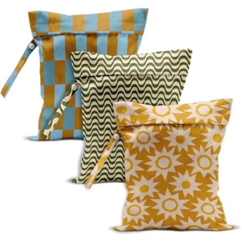 Retro Geometric Print Wet Dry Bag, Reusable Washable Waterproof Wet Bag for Swimsuit Diaper Dirty Clothes, Set of 3, Portable Storage Pouch for Travel Beach Pool Gym Camping, Cute Boho Lover Gifts