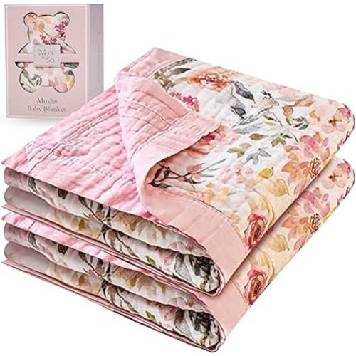 100% Cotton Muslin Baby Blanket - Large Reversible Receiving Blankets for Baby Girls, Soft & Lightweight, Perfect Muslin for Newborns, Infants & Toddlers, 7 Layers Design, Machine Washable, Pink