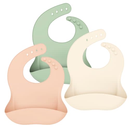 Cuddle Campus Set of 3 Silicone Bibs for Babies & Toddlers,Soft Adjustable Bibs with Pocket Food Catcher for Baby Girl,Boy