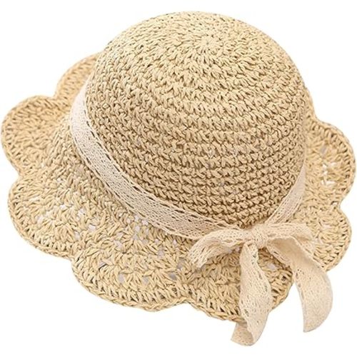 Toddler Sun Hat Baby Girl Hats with Bow Floral Toddler Straw Hat Woven Dome Sun Wide Brim Sunproof Breathable Adjustable Summer Baby Beach, Beige