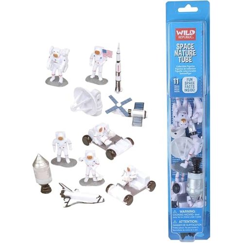 Wild Republic Figures Tube, Outer Space Toys, Shuttle, Astronaut, Space Station, Apollo Spacecraft, Lunar Rover, Saturn Rocket, Satellites Multi, 1.5" to 3"