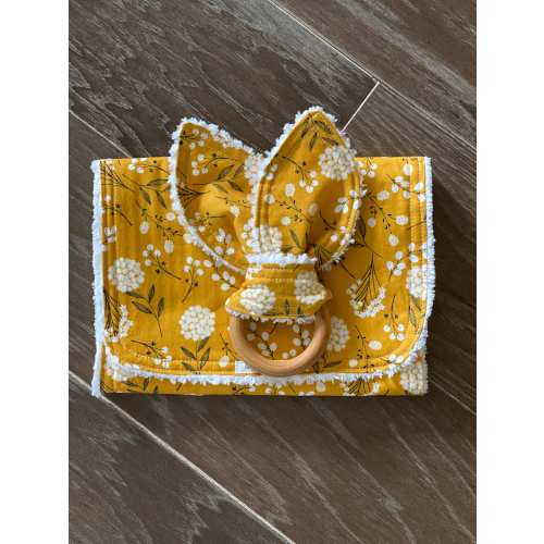 Floral Dandelion Burp Cloth Set/ 2 Piece Gift Set/ Boho Baby/ Teething Ring/ Mustard Yellow /Nursery Gift/ Bunny Ear Teether/ Wood Ring