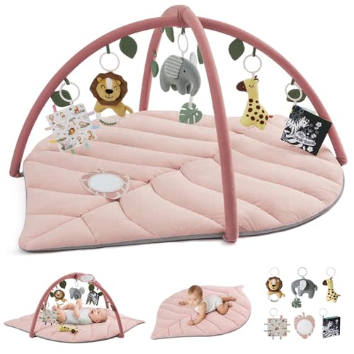 Blissful Diary Baby Play Gym & Activity Mat, Oversize Leaf Shaped Tummy Time Baby Play Mat w 6 Detachable Toys Promotes Motor Skills & Sensory Development, Newborn Infant Essentials Gift, Crystal Pink