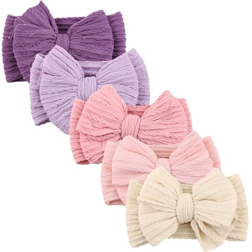 DRESHOW BQUBO Handmade Baby Headbands Soft & Stretchy Hair Bands with Bows Nylon Bows Hairbands for Girls Newborn Infant Toddlers Hair Accessories 5 Pack