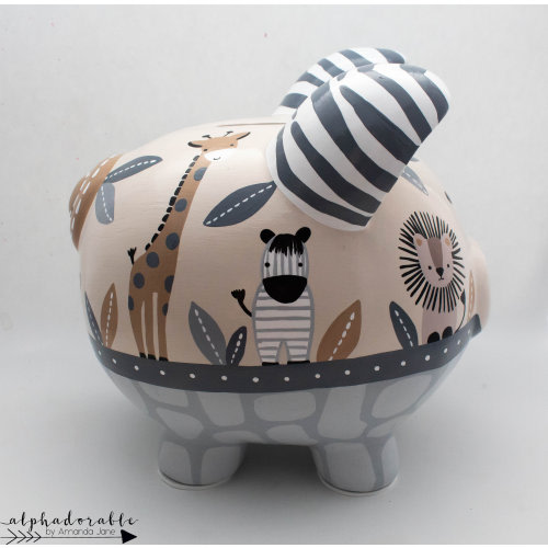 Tanzania Safari Jungle Personalized Piggy Bank with Lion, Monkey, Elephant and Zebra in Tan and Grey Neutrals