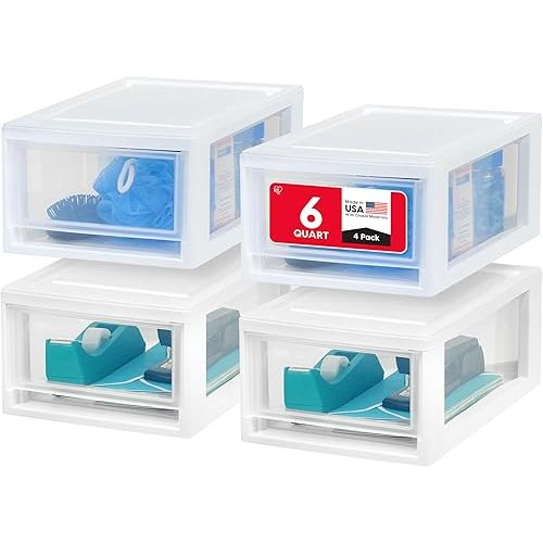 IRIS USA 6 Qt. Plastic Drawer Storage Organizer Stacking Drawers, 4-Pack, Stackable Unit with Sliding Drawer for Clothes Bedroom Kitchen Under Sink Pantry Craft Room Bathroom Dorm Office, White