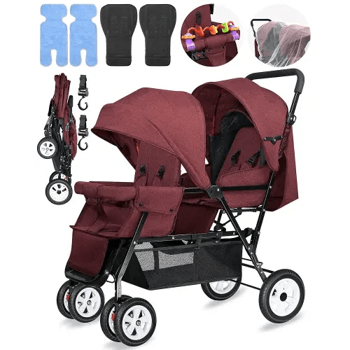 Double Stroller for Infant Toddler, Foldable Double Baby Stroller with Tandem Seating and Adjustable Backrest - Extra Gift Toys/Mosquito Net/Sleeping Mats/ 2 Cotton Pads/ 2 Hooks(Red)