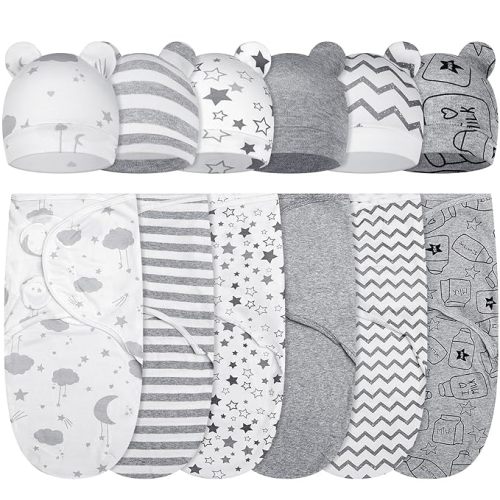 6 Pack Swaddle Blanket with Hats for Baby Girl Boy 100% Cotton Swaddles 0-3 Months, Adjustable Breathable Skin Friendly Receiving Blanket Wrap, Essential for Newborns(Cloud,Grey)