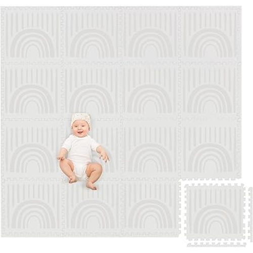 Play Platoon Non-Toxic Large Kids Play Mat, 16 Foam Mat Tiles 96 x 96 inch - Extra-Thick Interlocking Comfortable 24 x 24 in. Puzzle Baby Play Mats for Floor, Neutral Baby Play Mat Rug for Toddlers