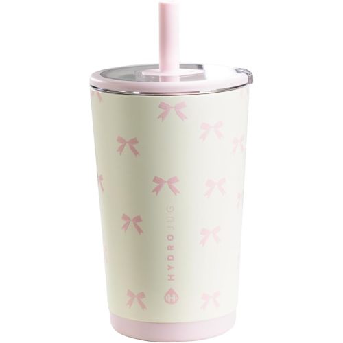 HydroJug Everyday Tumbler 14 oz – Ceramic-Lined Insulated Tumbler with Straw and Soft-Touch Lid, Cup Holder Friendly, Double-Wall Vacuum Insulation, Reusable Travel Cup – Bows