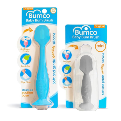 Bumco Baby Bum Brush + Mini Baby Diaper Cream Spatula with Case - BPA-Free Silicone Diaper Spatula with Suction Cup, Wipe-Clean, Mom-Invented Butt Paste Applicator (Blue & Gray)