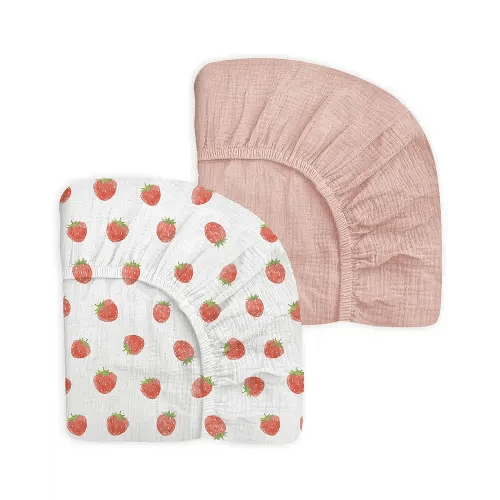 Crib Sheets for Baby Boy Girl 2 Pack, Fitted Crib Mattress Sheet 28" x 52", Muslin Toddler Bedding with Neutral Style, Nursery Bedding Essentials (Strawberry & Pale Pink)