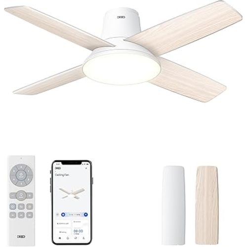 Dreo Ceiling Fans with Lights, 12 Speeds & 3 Fan Modes, Quiet DC Motor, Low Profile Easy to Install, Flush Mount Smart Ceiling Fan with Dimmable LED, 12H Timer for Bedroom, Remote, White, 44''
