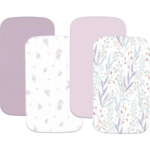 4 Pack Bassinet Sheets (19" x 33"), Compatible with Baby Delight, BabyBond, Dream On Me and Most Rectangle Bedside Sleeper Bassinet Mattress, Soft and Skin-Friendly, Purple Flower