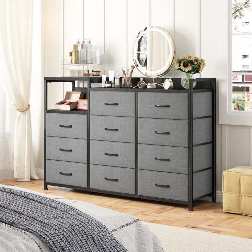 EnHomee Dresser for Bedroom with 11 Drawers Dressers Black Dresser & Chests of Drawers,Long Dresser TV Stand with Shelf,39.4" H Dresser with Sturdy Metal Frame & Wood Top,Fabric Dresser,Gray