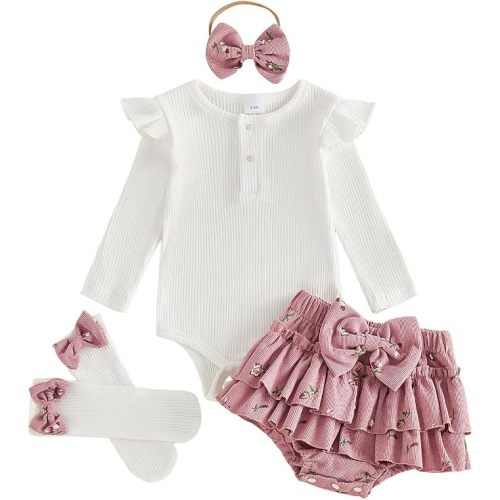 Baby Girl Outfit Set Ruffle Sleeve Romper, Floral Shorts, Headband & Socks