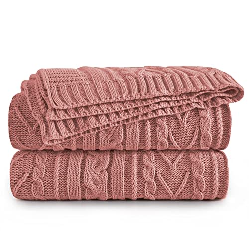 Aormenzy Dusty Pink Cable Knit Throw Blanket, 50" x 60" | Acrylic Knitted Blanket, Soft Cozy, Throw Blankets, For Couch Bed Sofa
