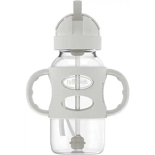 Dr. Brown's Milestones Wide-Neck Sippy Straw Bottle with 100% Silicone Handles and Weighted Straw, 9 oz/270 mL, Gray, 6m+