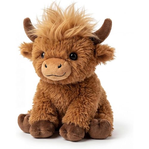 Highland Cow Stuffed Animal - 8 Inch Fluffy Plush with Styleable Hair, Soft Cow Toy for Toddler & Baby, Cute Sitting Scottish Cattle Gift for Kids & Desk Decor