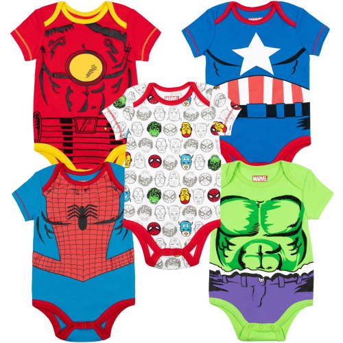 Marvel Avengers Spider-Man Iron Man Captain America Infant Baby Boys 5 Pack Bodysuits Newborn to Infant