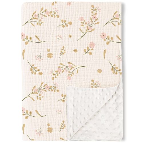 Konssy Baby Blankets for Unisex Boys Girls, Super Soft Nursery Minky Blankets with Muslin Cotton Front and Dotted Fleece Backing, Printed Bed Throws Newborn